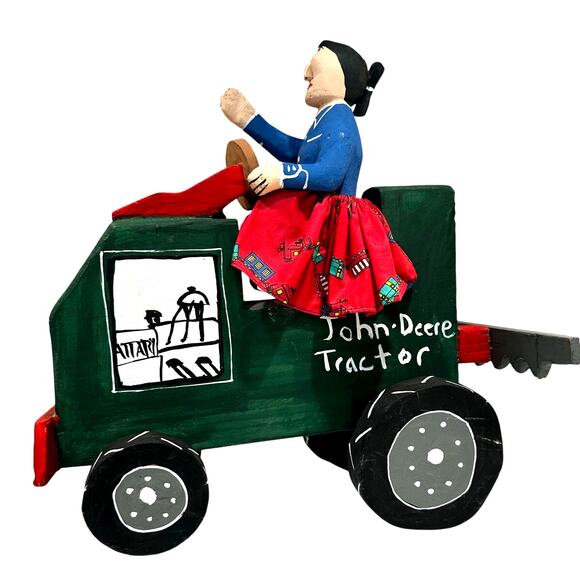 Delbert Buck Navajo Folk Art Wood Carving-Woman and John Deere Tractor-Signed - Picture 8 of 11
